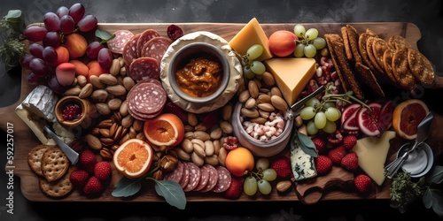 Flat lay of a charcuterie board: Cured meats, cheeses, crackers, fruits, and nuts in an artistic manner for an appetizing and visually appealing charcuterie board. Generative Ai.