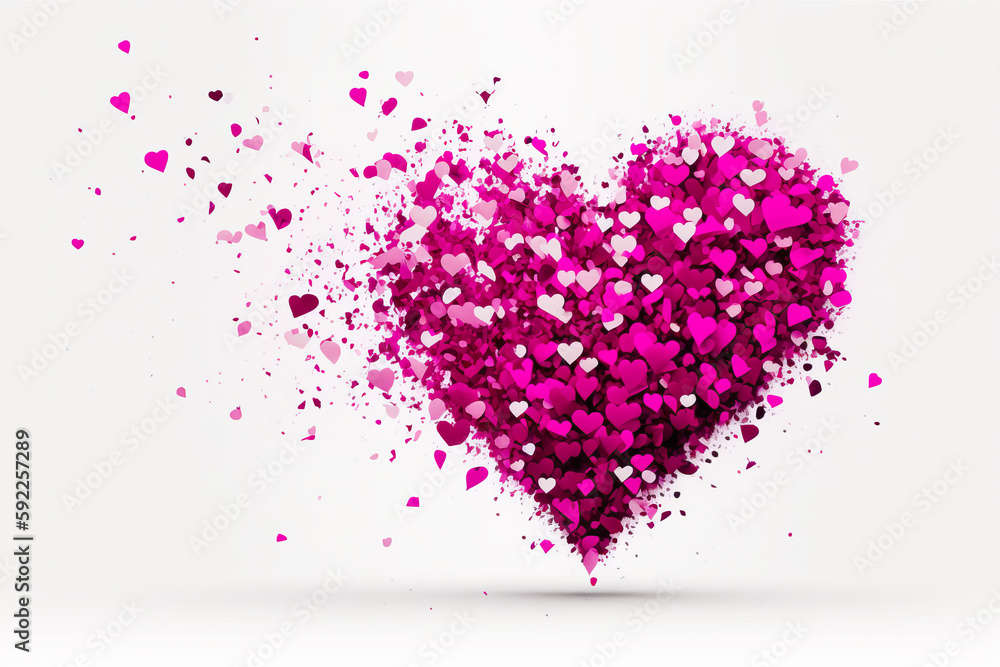 Pink heart made of small hearts on white background with pink and red sprinkles. Generative AI.