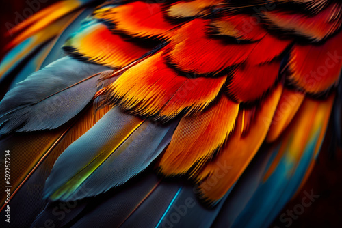 Close up of colorful bird's feathers with black background. Generative AI. © valentyn640