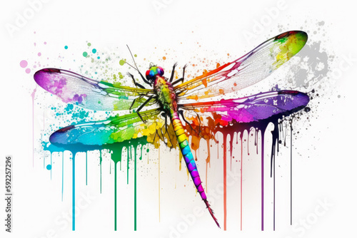 Colorful dragon flys through the air with paint splatters on it. Generative AI.