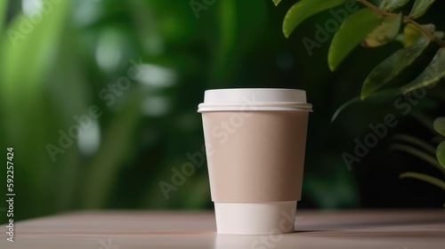 Coffee cup mock up on background with leafs