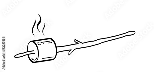 Drawing cartoon sugar marshmallow on wooden stick. Sweet marshmallow for bbq, cooking icon or symbol. Delicious, tasty white marshmallows. Eating roasted candies sweets.