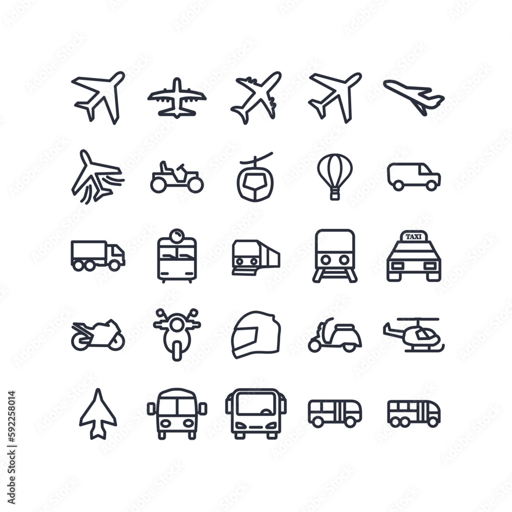 Fototapeta premium Transport line icon set with Taxi, Train, motorcycle