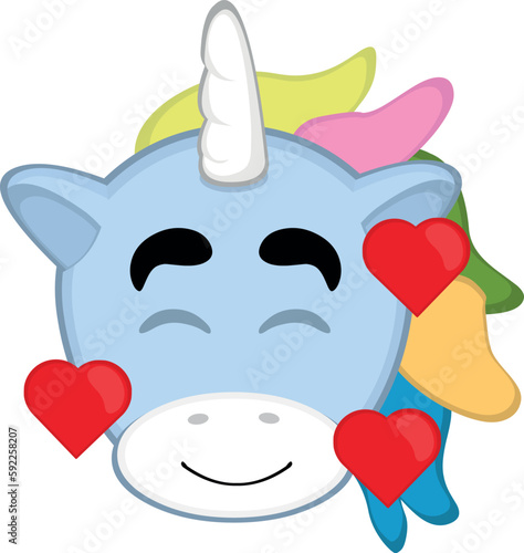 vector illustration face of a cartoon unicorn with a happy expression, in love and surrounded by hearts