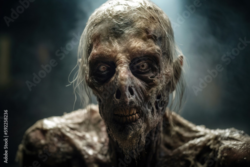 Rotten zombie face close-up. Not an actual real person. No image prompts were used. Digitally generated AI image © 0livia
