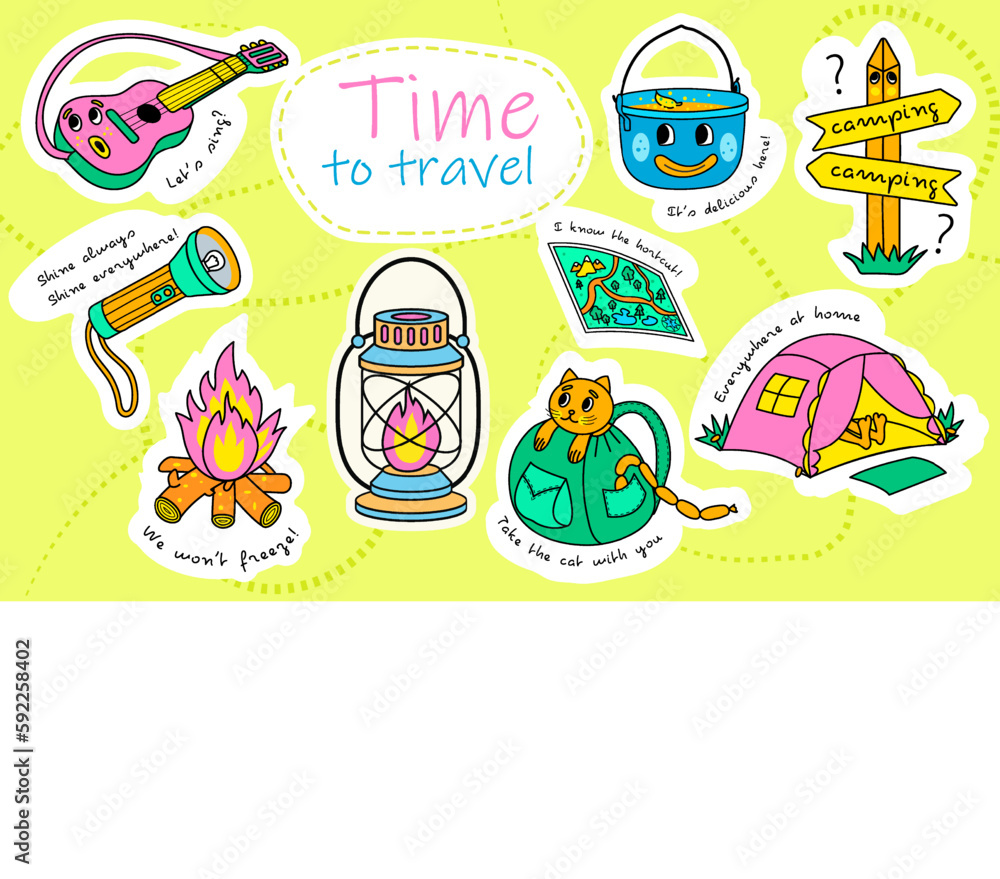 a set of funny stickers in a cartoon style on the theme of hiking, adventure, camping