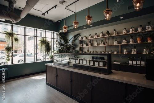 cannabis dispensary with sleek, minimalist decor and natural light, created with generative ai