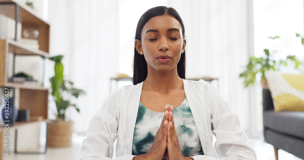 Zen woman calm meditation and breathing sitting alone on floor in living room. Tranquil, bliss, young girl daily spiritual detox for stress relief, peace, serene and chakra, yoga, relax and unwind. Zen woman calm meditation and breathing sitting alone on floor in living room. Tranquil, bliss, young girl daily spiritual detox for stress relief, peace, serene and chakra, yoga, relax and unwind.