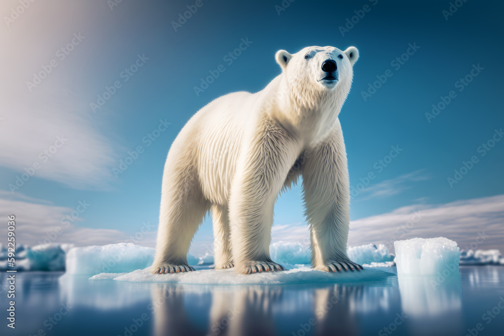 White polar bear standing on ice floer with blue sky in the background. Generative AI.