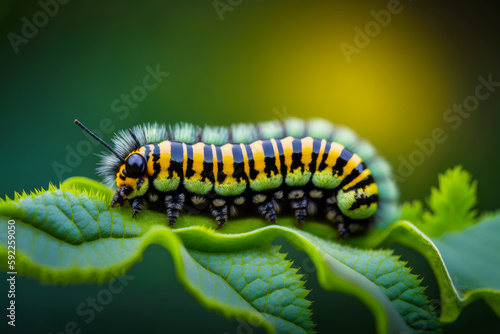 Close up of caterpillar on leaf on sunny day with blurry background. Generative AI.