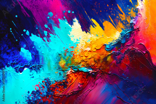 Close up of colorful image with lots of paint splattered on it. Generative AI.