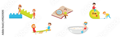 Cute Boy and Girl with Giant Objects as Early Childhood Education Vector Set