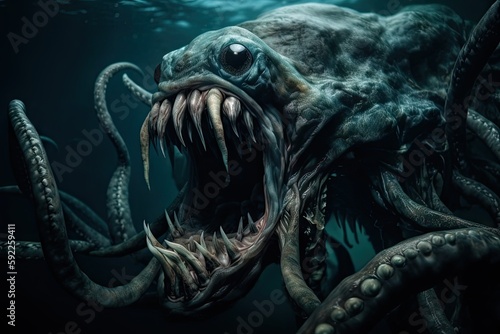strange creature, with tentacles and teeth, lurking in the depths of the ocean, created with generative ai