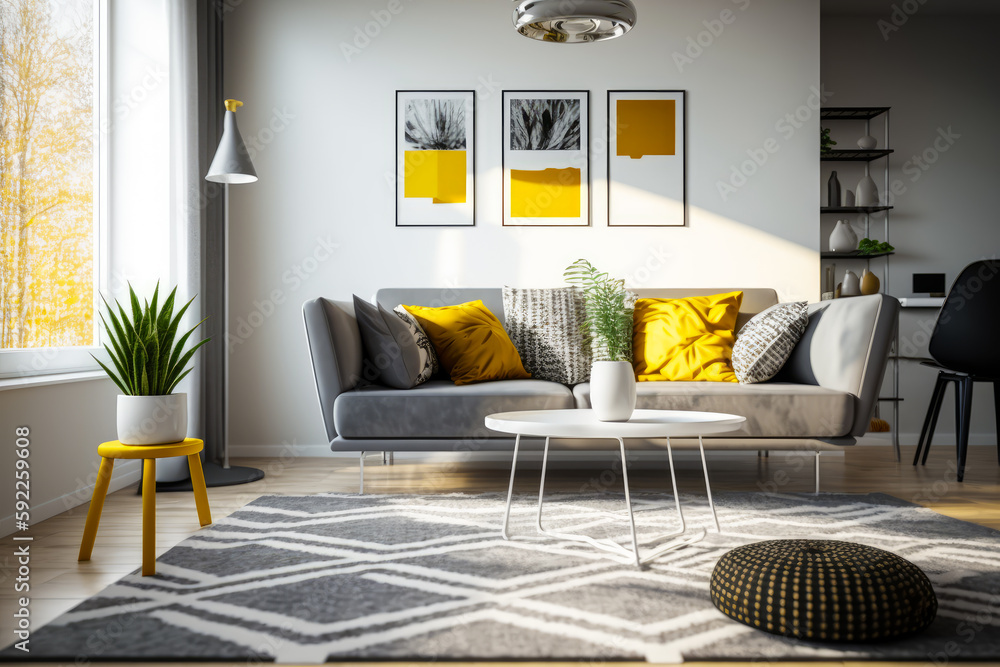 Grey couch yellow hot sale pillows
