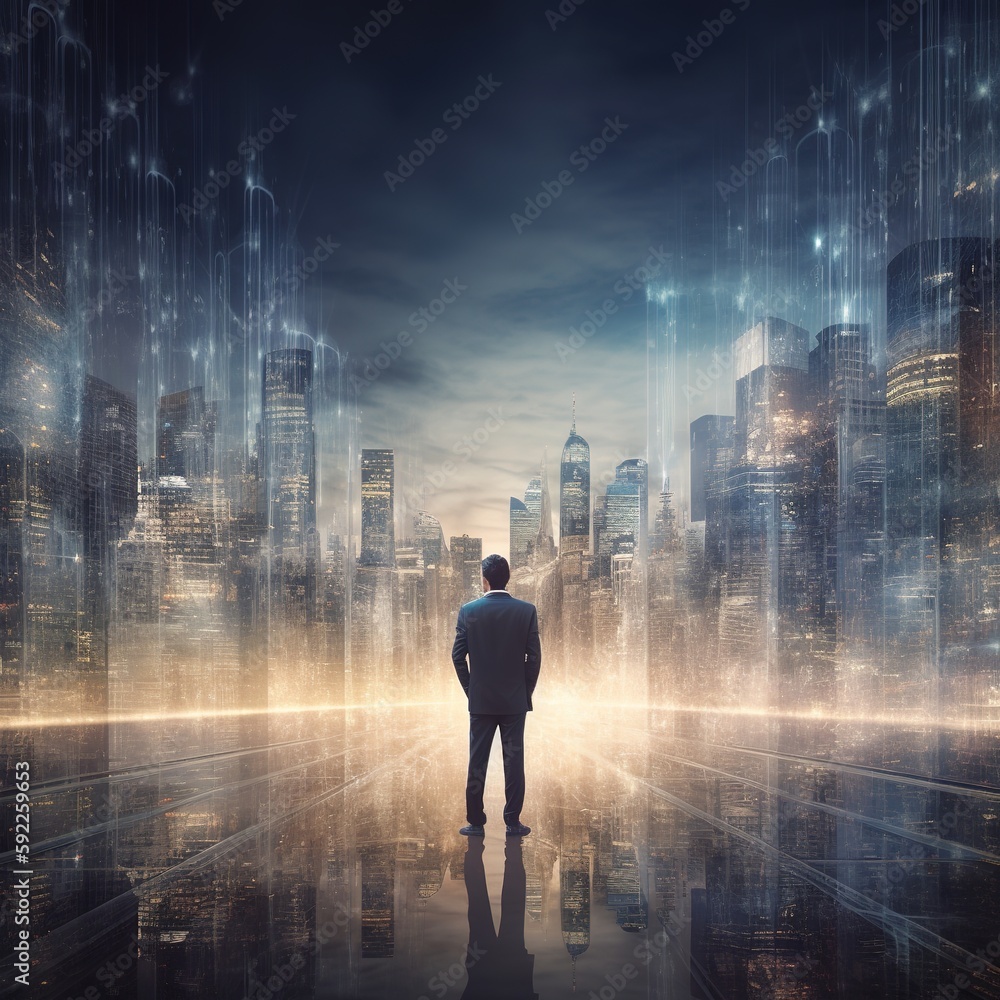 prosperous city professional and CEO, in a financial district with city skyscrapers. AI that generates its own data. generative ai prosperous city professional and CEO, in a financial district with city skyscrapers. AI that generates its own data. generative ai