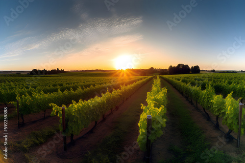 Extra wide panoramic shot of a summer vineyard shot at sunset, Generative ai