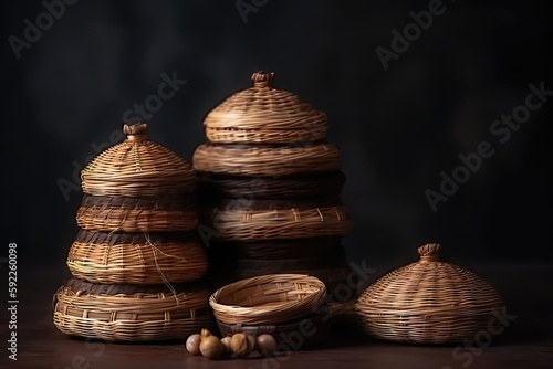 Une pile de petits paniers en rotin avec un fond sombre. Sous forme de contenants alimentaires. photo