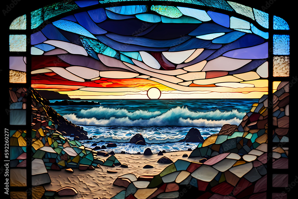 Stained glass sunset beach design - generative ai