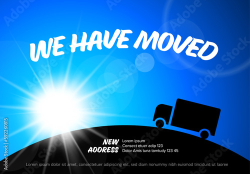 We are moving minimalistic blue flyer template with blue sky and big sun
