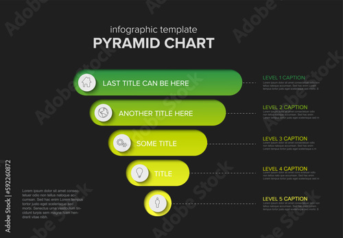 Vector green Reverse Infographic Pyramid funnel five stripes chart diagram template