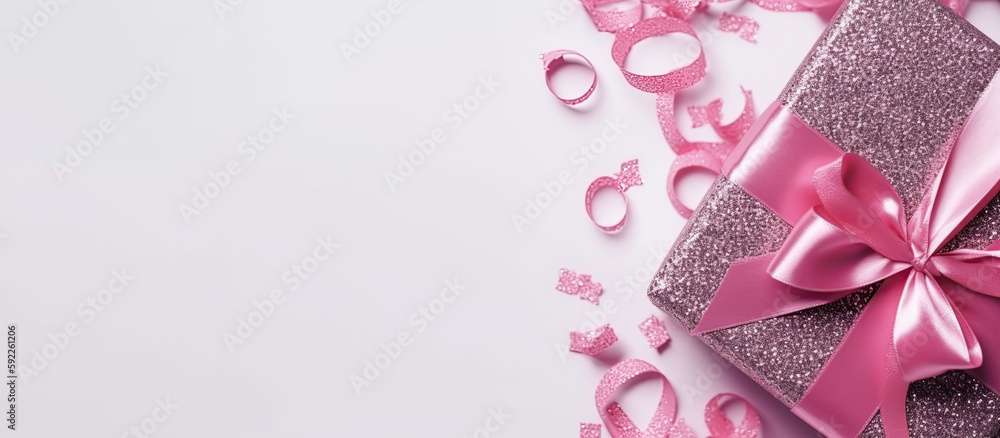 top view on pink glitter gift box with a pink ribbon on white background, banner, copy space, generative ai