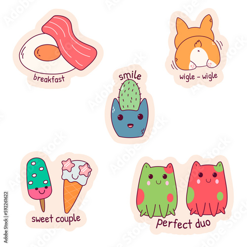 Set of cartoon kawaii sticker. vector illustrator
