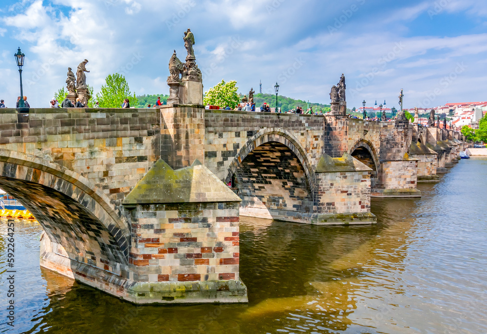 Prague, Czech Republic - May 2019: Charles bridge over Vltava river