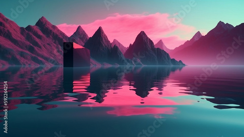 Aesthetic minimalist Fantastic landscape with rocky mountains, calm water, pink blue evening sky and glowing neon rectangular geometric frame. Abstract futuristic background. Generative AI.