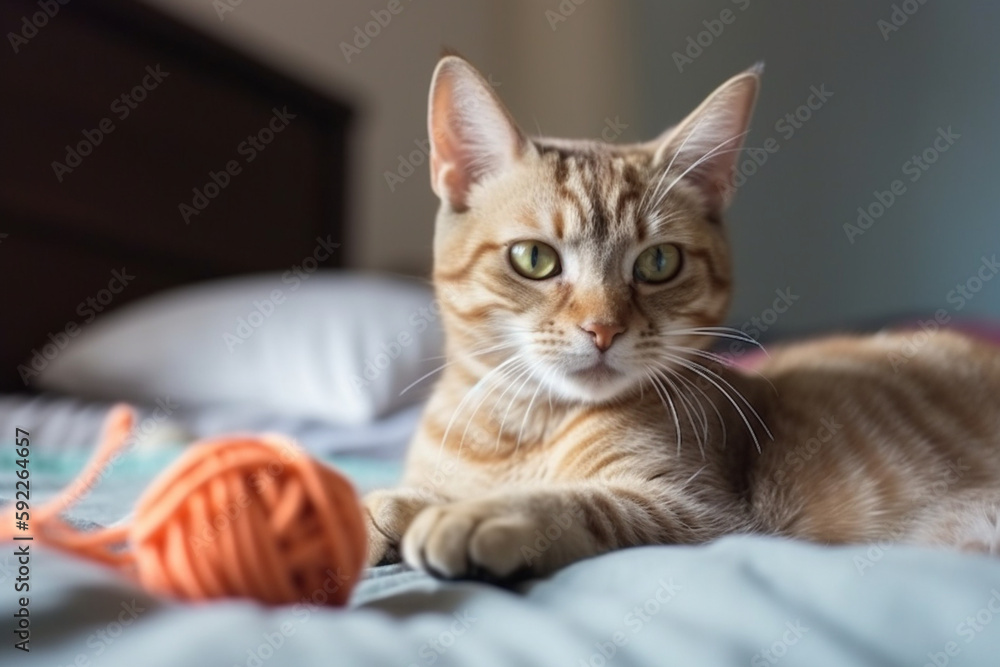 cute cat playing yarn ball on the bed