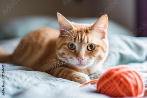 cute cat playing yarn ball on the bed © imur
