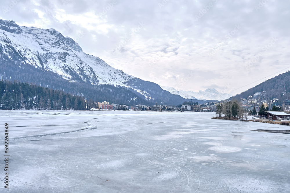 View of St. Moritz, the famous resort region for winter sport and luxury shop