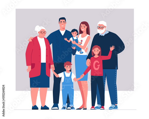 Big happy family. General portrait of children, mother, father, grandmother, grandfather in full growth. Flat character vector illustration.