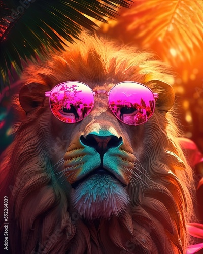 Portrait de mode d'un lion portant des lunettes de soleil, dans la jungle de la barbe à papa, couleur vive et ludique