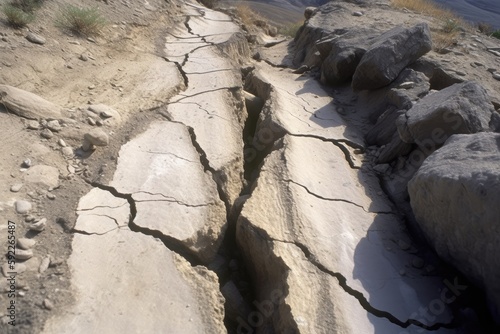 close-up of earthquake fault line, with visible cracks and ruptures in the ground, created with generative ai photo