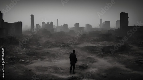 silhouette of a person walking in a postapocalyptic city
