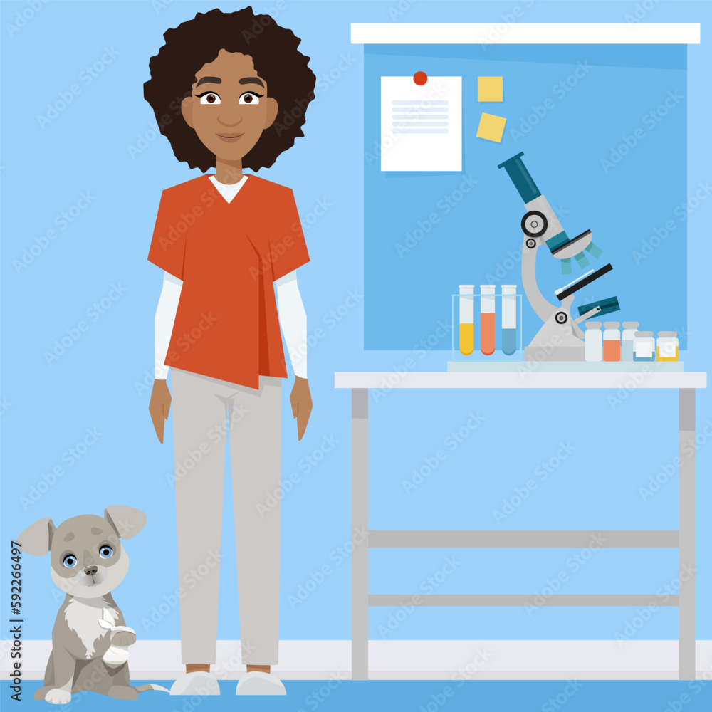 Dark-skinned woman veterinarian on the background of a medical office Dark-skinned woman veterinarian on the background of a medical office