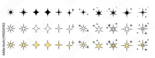 Glittering night sky stars set, yellow, gold glitter vector icon illustration stock