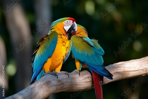 a pair of cute macaws on a tree branch © imur