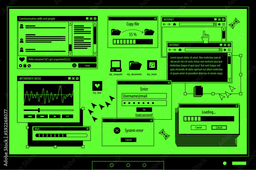 The screen of an old retro PC in the y2k style. Retro wave and vaporwave background. Bright vintage computer interface The screen of an old retro PC in the y2k style. Retro wave and vaporwave background. Bright vintage computer interface