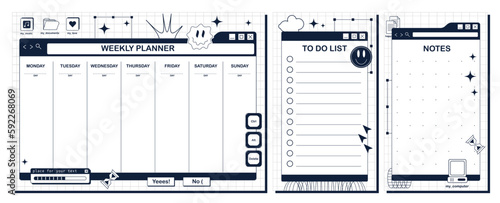 Weekly planner, to do sheet, notes. An empty template for printing. The screen of an old retro PC in the y2k style.