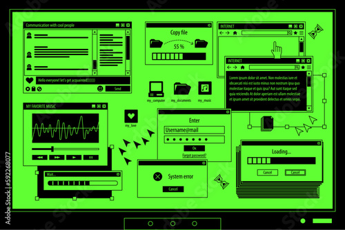 The screen of an old retro PC in the y2k style. Retro wave and vaporwave background. Bright vintage computer interface