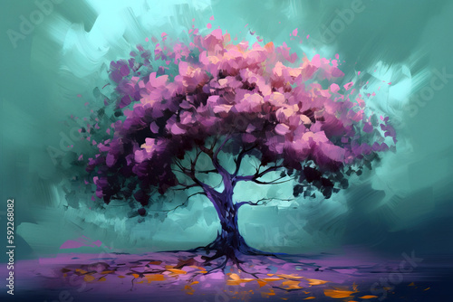 Abstract oil painting of blooming tree at spring. Digitally generated AI image