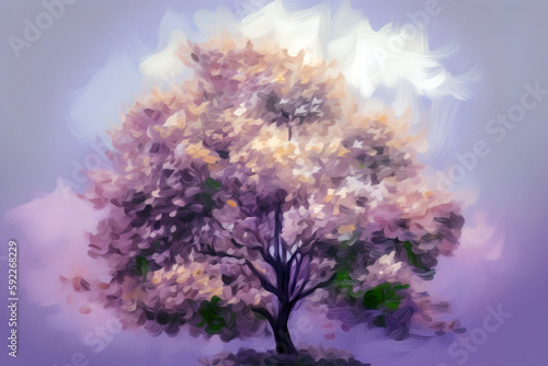 Abstract oil painting of blooming tree at spring. Digitally generated AI image