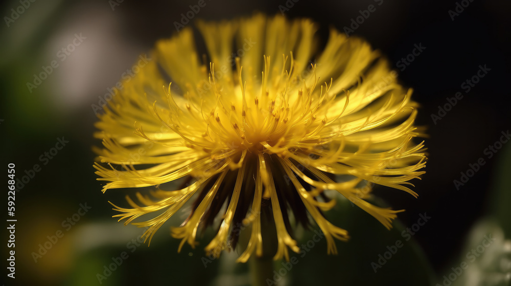 Close up macro of the blossom of a yellow blooming dandelion. Generative AI. Close up macro of the blossom of a yellow blooming dandelion. Generative AI.