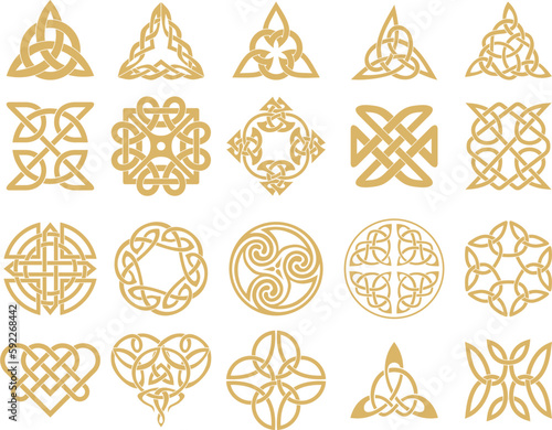 Vector set of golden celtic knots. Ornament of ancient European peoples. The sign and symbol of the Irish, Scots, Britons, Franks.