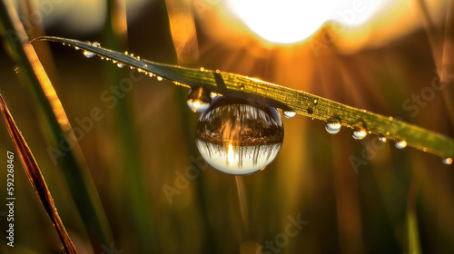Close up of water drops of the dew hanging at the grass plant. Generative AI.