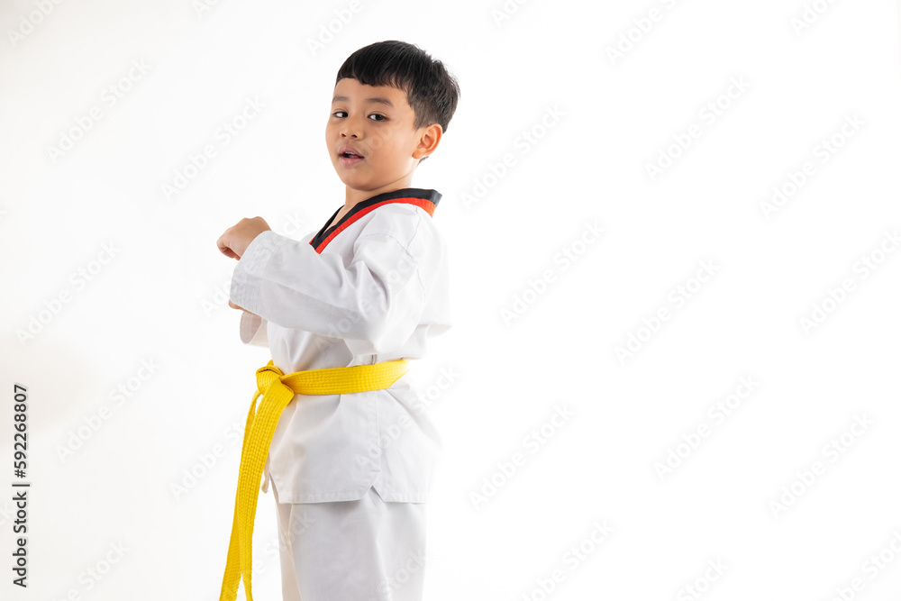 kids karate martial arts. Taekwondo uniform with yellow belt. Asian school boy isolated on white background banner kids karate martial arts. Taekwondo uniform with yellow belt. Asian school boy isolated on white background banner