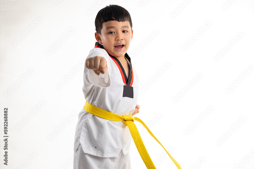 Punch. kids karate martial arts. Taekwondo uniform with yellow belt. Asian school boy isolated on white background banner Punch. kids karate martial arts. Taekwondo uniform with yellow belt. Asian school boy isolated on white background banner
