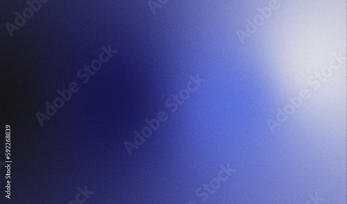 Color gradient grainy background, blue black white illuminated spots on black, noise texture effect