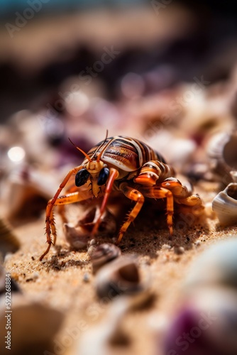 Micro Nature and Landscape Hermit crabs, small creatures, colorful shells, unique patterns, tiny legs, antennae, curious eyes, tropical beach setting 1 - AI Generative